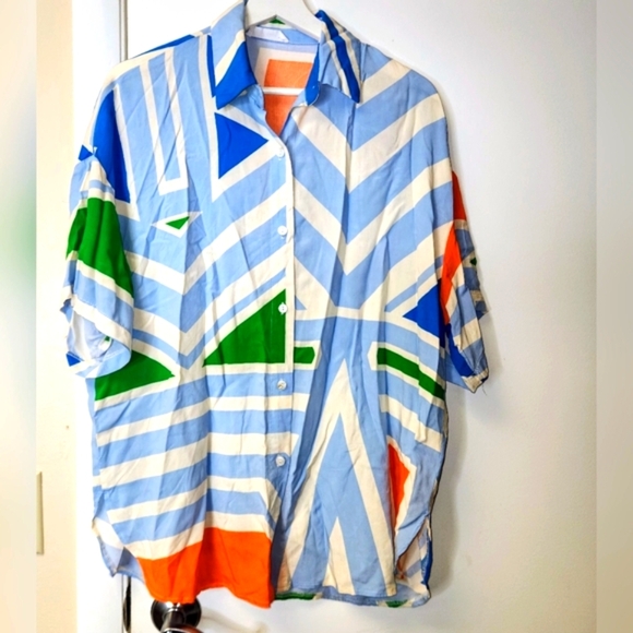 Talulah Oversized Multicolor Geometric Short Sleeve Button Down Shirt Size S - Picture 12 of 13